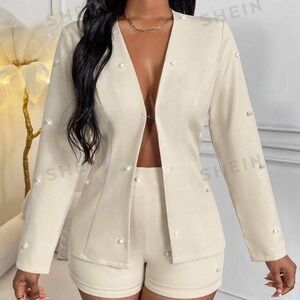 SHEIN LUNE Solid Pearl Beaded blazer set